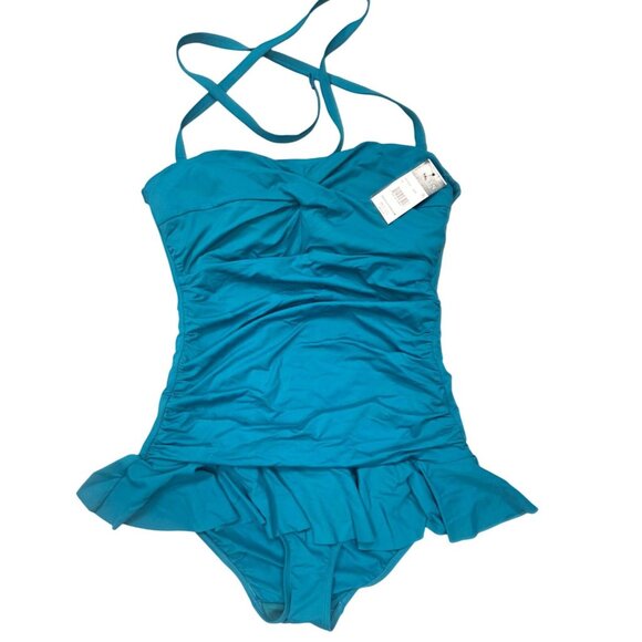 NWT One Piece Ralph Lauren Womens Slimming Fit Teal Swimsuit Sz 14 Underwire - Picture 1 of 8